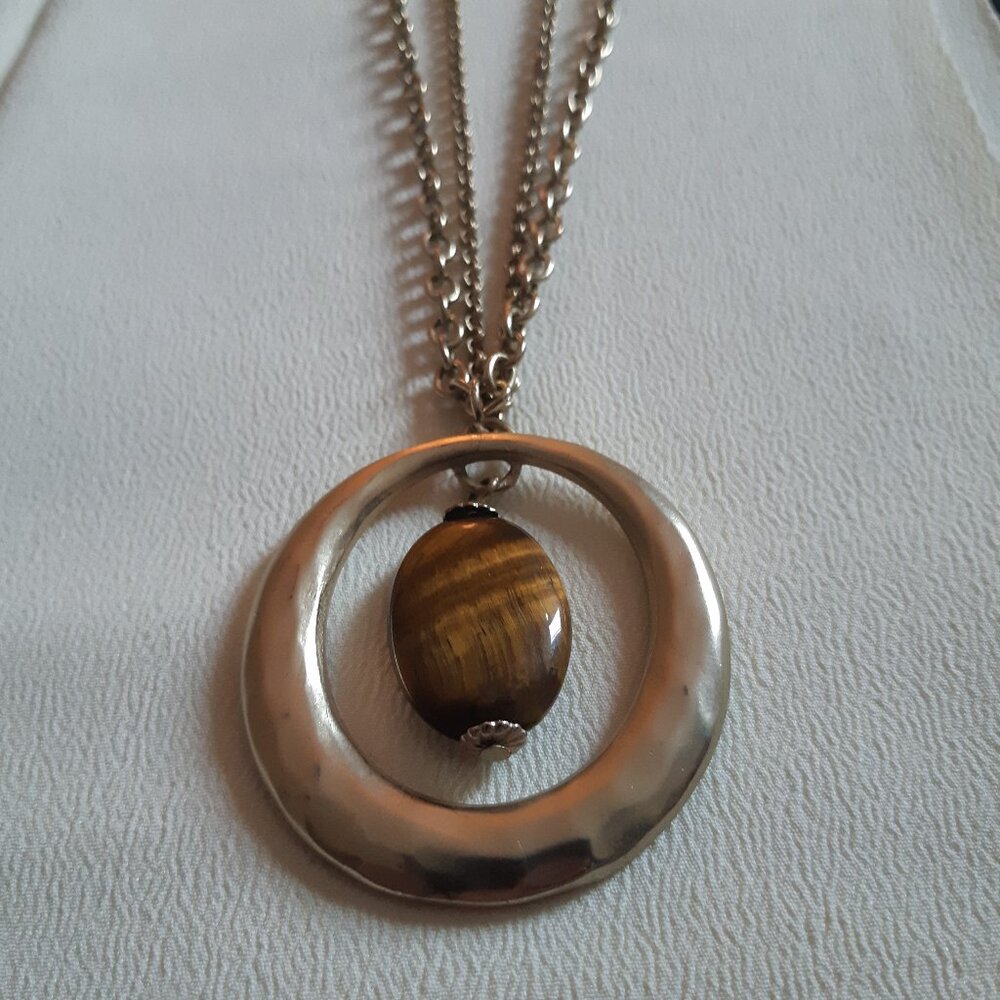 Tiger's Eye Pendant 32" Double Chain Vintage Necklace, Light Gold Tone